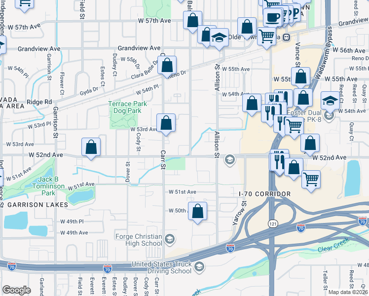 map of restaurants, bars, coffee shops, grocery stores, and more near 5235 Balsam Street in Arvada