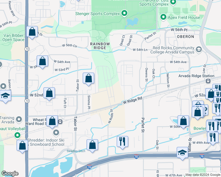 map of restaurants, bars, coffee shops, grocery stores, and more near 11405 Ridge Road in Wheat Ridge