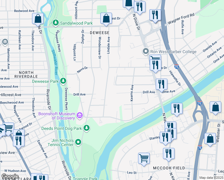 map of restaurants, bars, coffee shops, grocery stores, and more near 1902 Ontario Avenue in Dayton