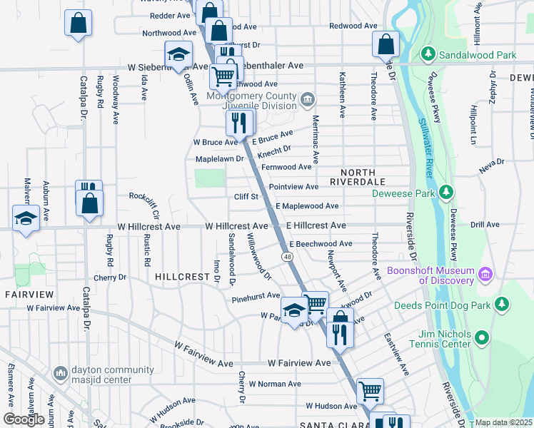 map of restaurants, bars, coffee shops, grocery stores, and more near 2946 North Main Street in Dayton