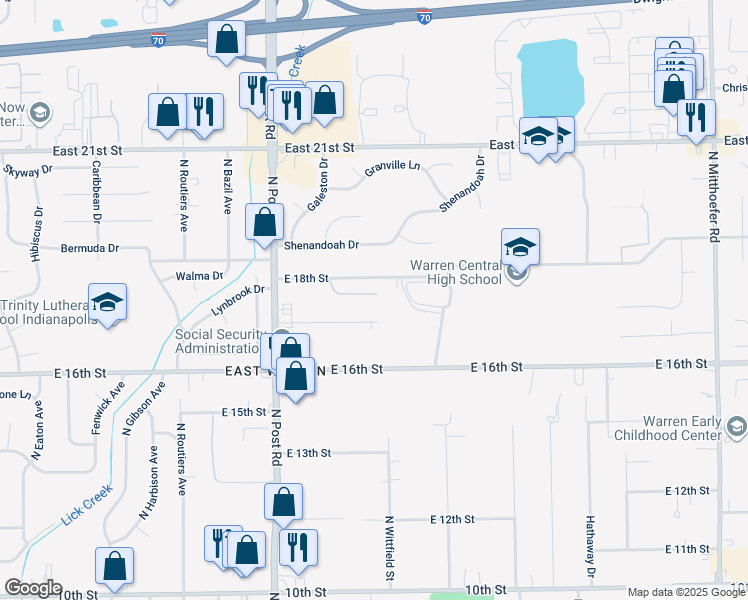 map of restaurants, bars, coffee shops, grocery stores, and more near 9137 East 18th Street in Indianapolis