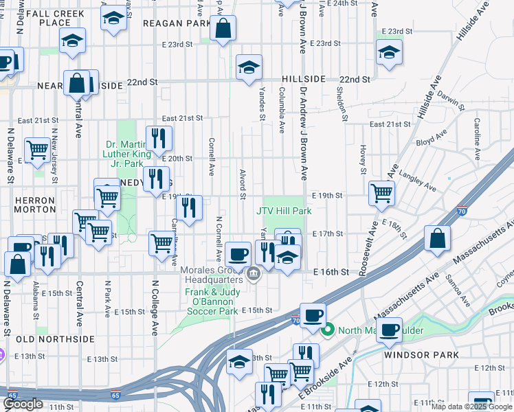 map of restaurants, bars, coffee shops, grocery stores, and more near 1831 Alvord Street in Indianapolis