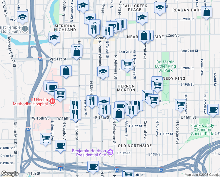 map of restaurants, bars, coffee shops, grocery stores, and more near 1836 North Delaware Street in Indianapolis