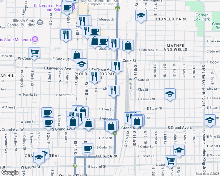 map of restaurants, bars, coffee shops, grocery stores, and more near 927 South 9th Street in Springfield