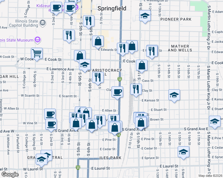 map of restaurants, bars, coffee shops, grocery stores, and more near 927 South 9th Street in Springfield