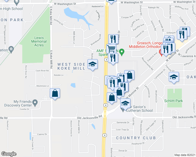 map of restaurants, bars, coffee shops, grocery stores, and more near 712 Rickard Rd in Springfield