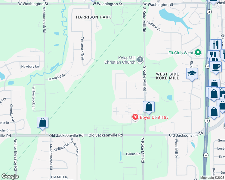 map of restaurants, bars, coffee shops, grocery stores, and more near 605 Black Hills Drive in Springfield