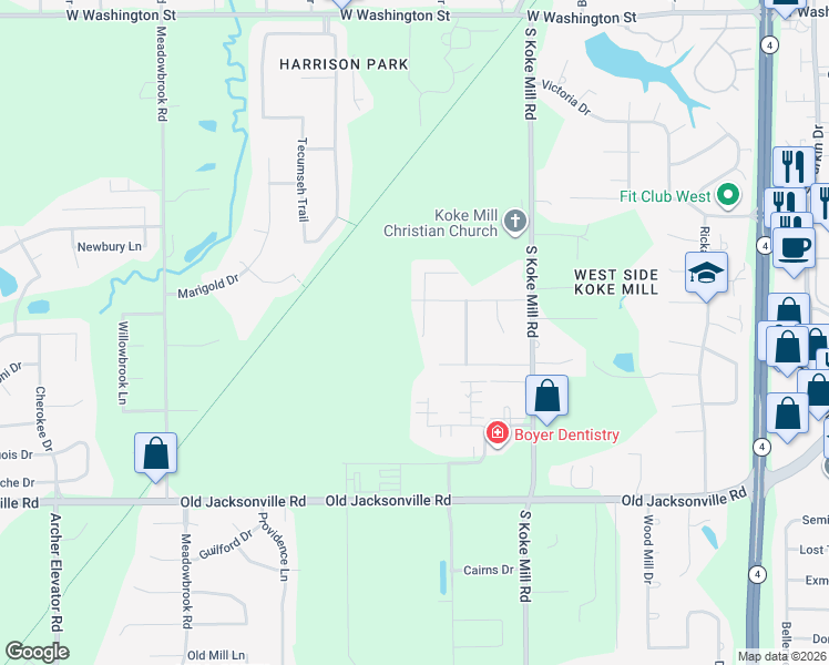 map of restaurants, bars, coffee shops, grocery stores, and more near 605 Black Hills Drive in Springfield