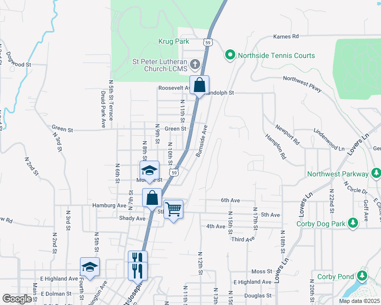 map of restaurants, bars, coffee shops, grocery stores, and more near 3101 U.S. 59 in Saint Joseph