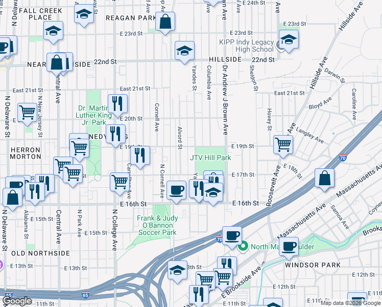 map of restaurants, bars, coffee shops, grocery stores, and more near 1831 Alvord Street in Indianapolis