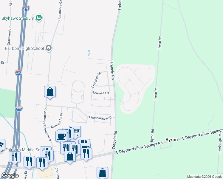 map of restaurants, bars, coffee shops, grocery stores, and more near 1712 Yellow Rose Court in Fairborn