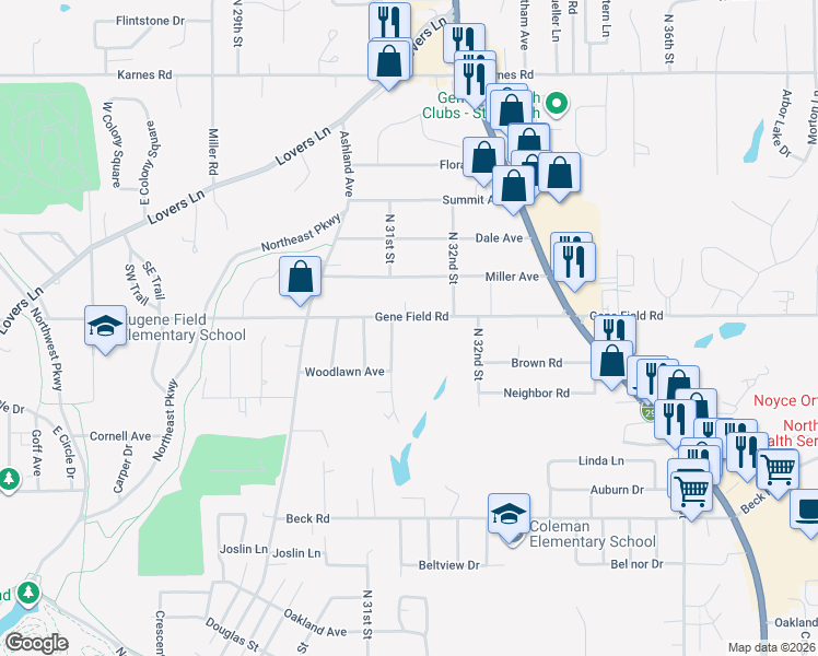 map of restaurants, bars, coffee shops, grocery stores, and more near 3116 Gene Field Road in Saint Joseph