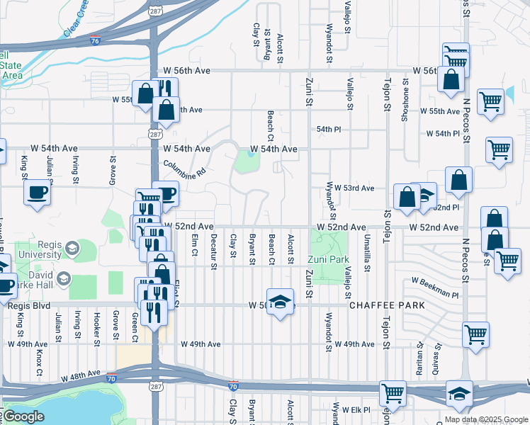 map of restaurants, bars, coffee shops, grocery stores, and more near 5242 Columbine Lane in Denver