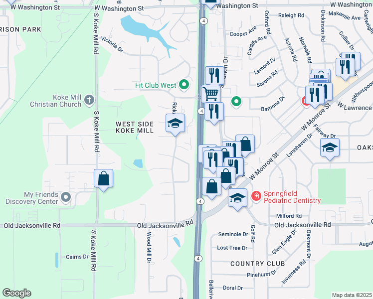 map of restaurants, bars, coffee shops, grocery stores, and more near 712 Rickard Road in Springfield