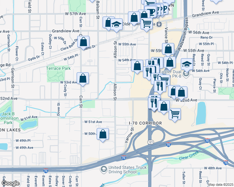 map of restaurants, bars, coffee shops, grocery stores, and more near 5206 Allison Street in Arvada