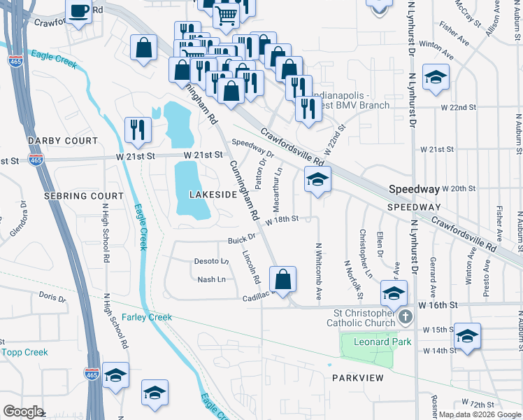map of restaurants, bars, coffee shops, grocery stores, and more near 1811 Cunningham Road in Speedway