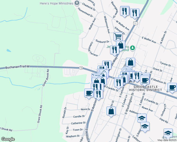 map of restaurants, bars, coffee shops, grocery stores, and more near 438 Buchanan Trail West in Greencastle