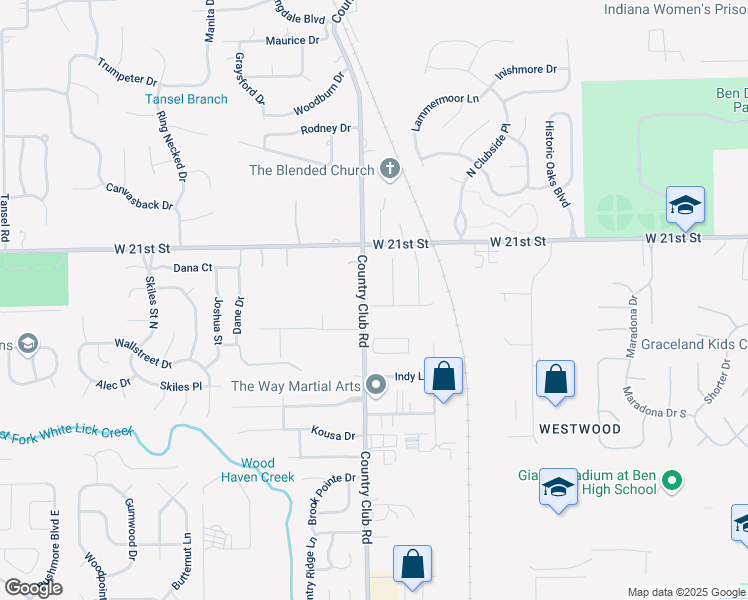 map of restaurants, bars, coffee shops, grocery stores, and more near 2009 Country Club Road in Indianapolis