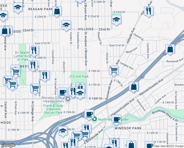 map of restaurants, bars, coffee shops, grocery stores, and more near 1850 North Arsenal Avenue in Indianapolis