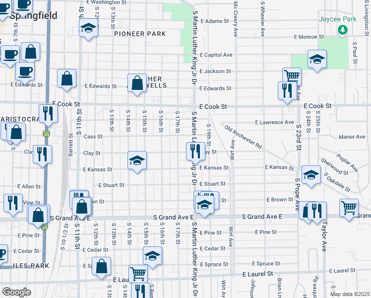 map of restaurants, bars, coffee shops, grocery stores, and more near 901-999 S 17th St in Springfield