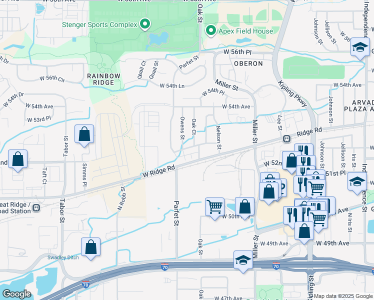 map of restaurants, bars, coffee shops, grocery stores, and more near 10871 West 53rd Avenue in Arvada
