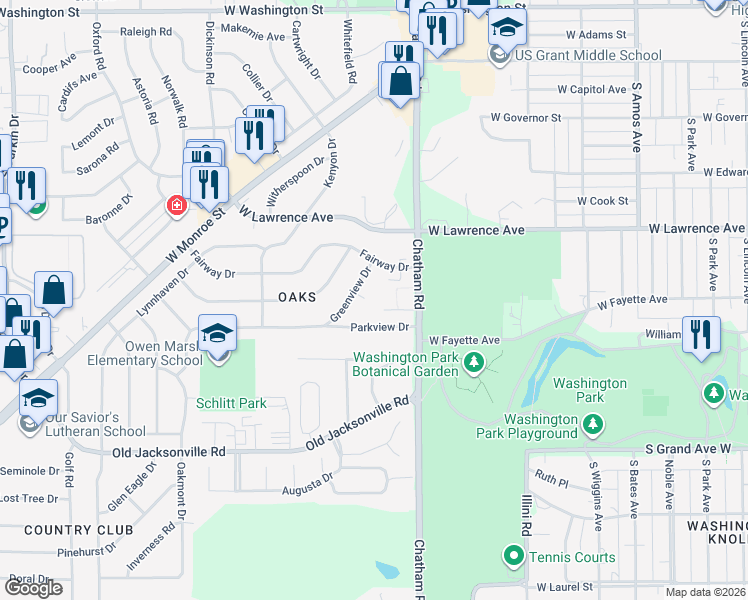 map of restaurants, bars, coffee shops, grocery stores, and more near 2 Greenview Court in Springfield