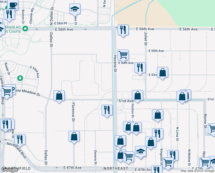 map of restaurants, bars, coffee shops, grocery stores, and more near 5303 Havana Street in Denver