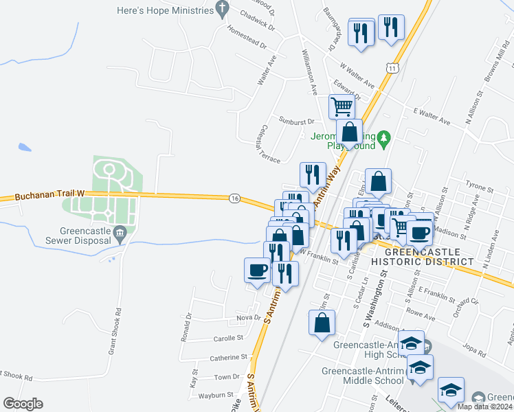 map of restaurants, bars, coffee shops, grocery stores, and more near 438 Buchanan Trail West in Greencastle