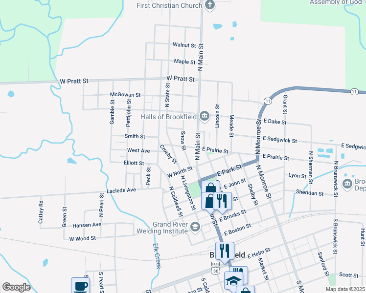 map of restaurants, bars, coffee shops, grocery stores, and more near 200 West Prairie Street in Brookfield