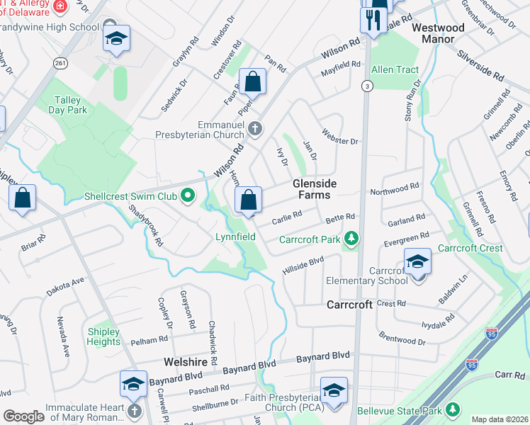 map of restaurants, bars, coffee shops, grocery stores, and more near 104 Ridgeland Road in Wilmington