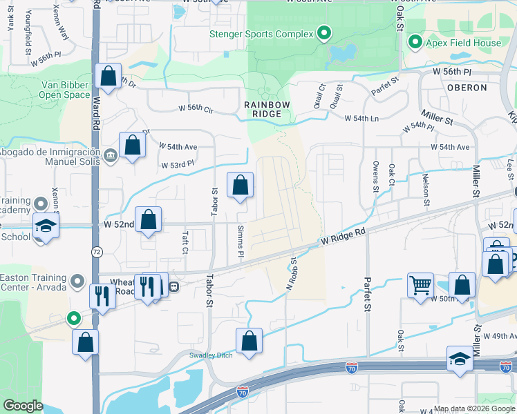 map of restaurants, bars, coffee shops, grocery stores, and more near 11721 West 52nd Avenue in Wheat Ridge