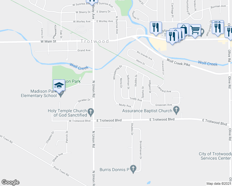 map of restaurants, bars, coffee shops, grocery stores, and more near 22 Whispering Drive in Trotwood