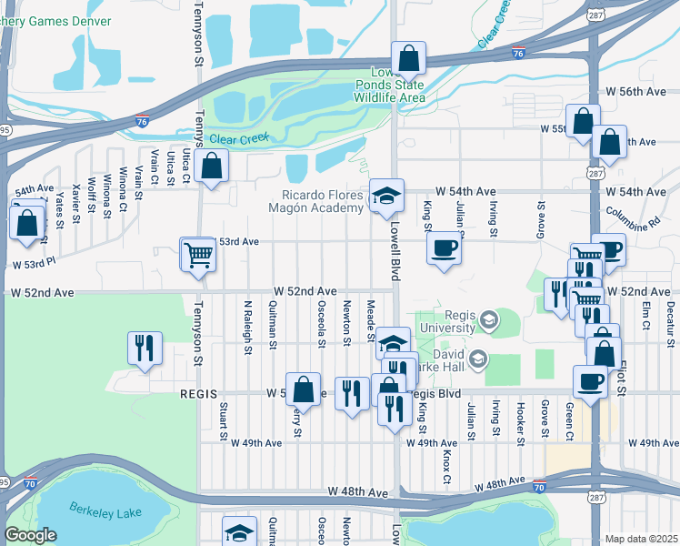 map of restaurants, bars, coffee shops, grocery stores, and more near 5245 Newton Street in Denver