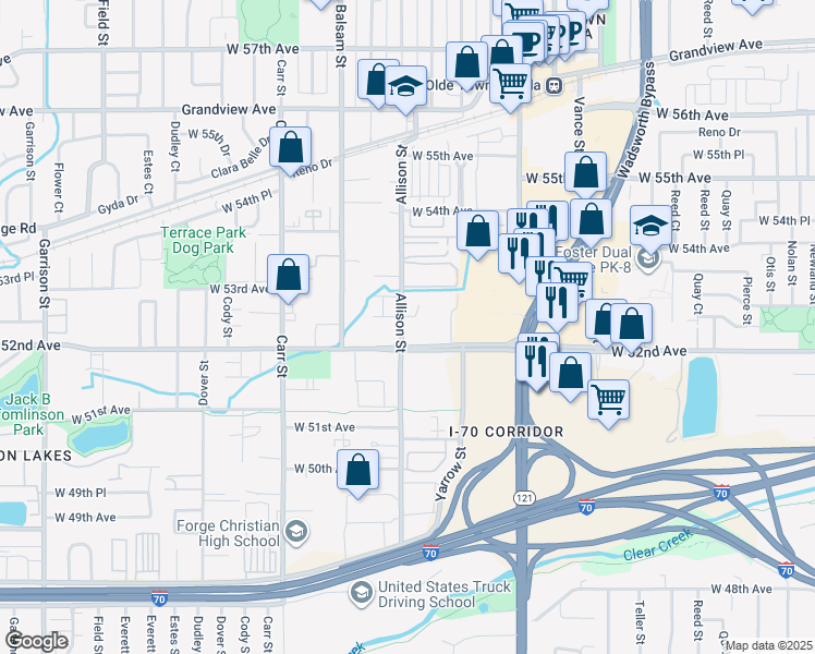 map of restaurants, bars, coffee shops, grocery stores, and more near 5206 Allison Street in Arvada