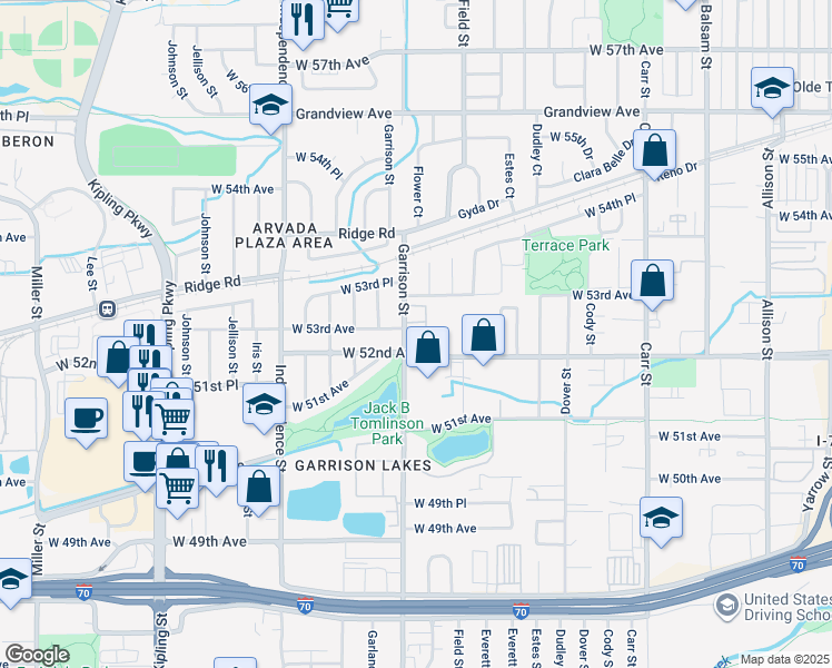 map of restaurants, bars, coffee shops, grocery stores, and more near 5260 Garrison Street in Arvada