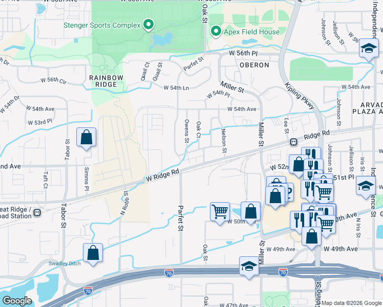 map of restaurants, bars, coffee shops, grocery stores, and more near 10871 West 53rd Avenue in Arvada