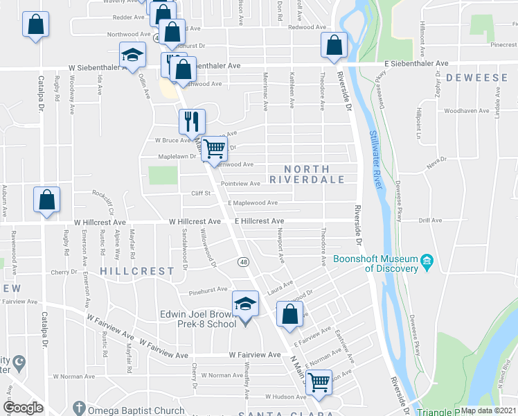 map of restaurants, bars, coffee shops, grocery stores, and more near 46 East Maplewood Avenue in Dayton