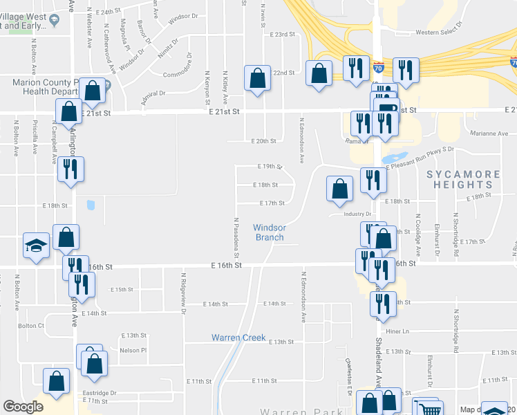 map of restaurants, bars, coffee shops, grocery stores, and more near 6656 East 17th Street in Indianapolis