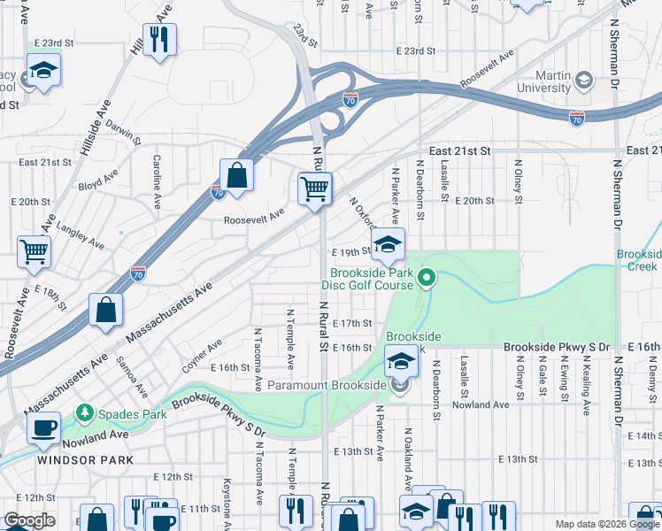 map of restaurants, bars, coffee shops, grocery stores, and more near 1833 North Rural Street in Indianapolis
