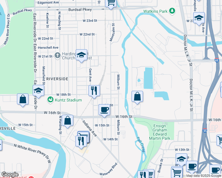 map of restaurants, bars, coffee shops, grocery stores, and more near 1826 Milburn Street in Indianapolis