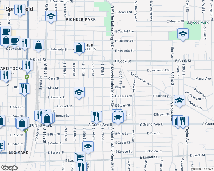 map of restaurants, bars, coffee shops, grocery stores, and more near 901-999 S 17th St in Springfield
