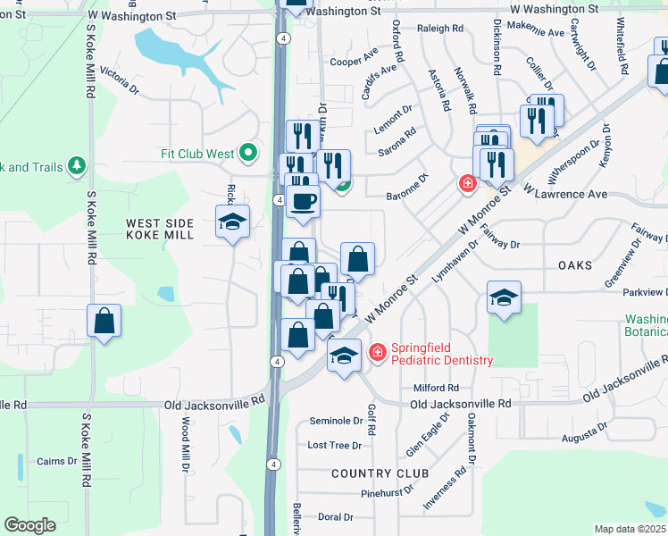 map of restaurants, bars, coffee shops, grocery stores, and more near 856-878 Clocktower Drive in Springfield