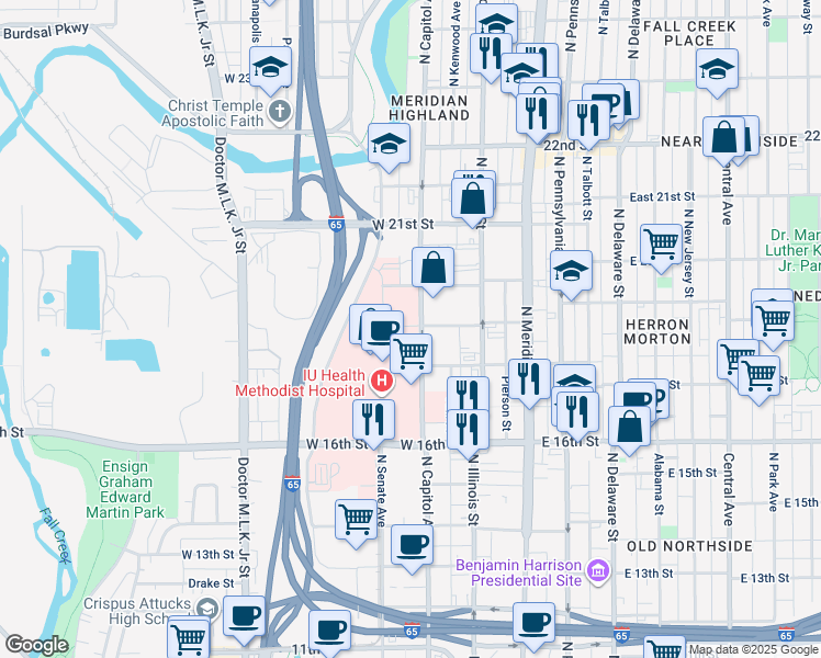 map of restaurants, bars, coffee shops, grocery stores, and more near 2002 North Capitol Avenue in Indianapolis