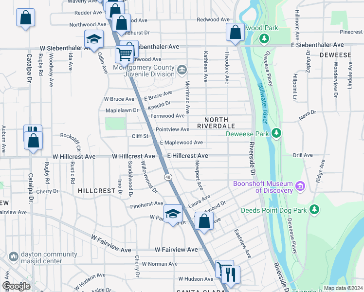 map of restaurants, bars, coffee shops, grocery stores, and more near 64 East Maplewood Avenue in Dayton