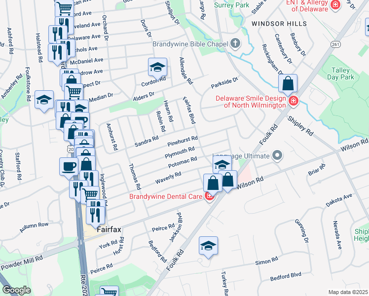 map of restaurants, bars, coffee shops, grocery stores, and more near 245 Plymouth Road in Wilmington