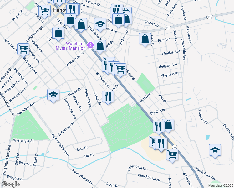map of restaurants, bars, coffee shops, grocery stores, and more near 542 South Franklin Street in Hanover