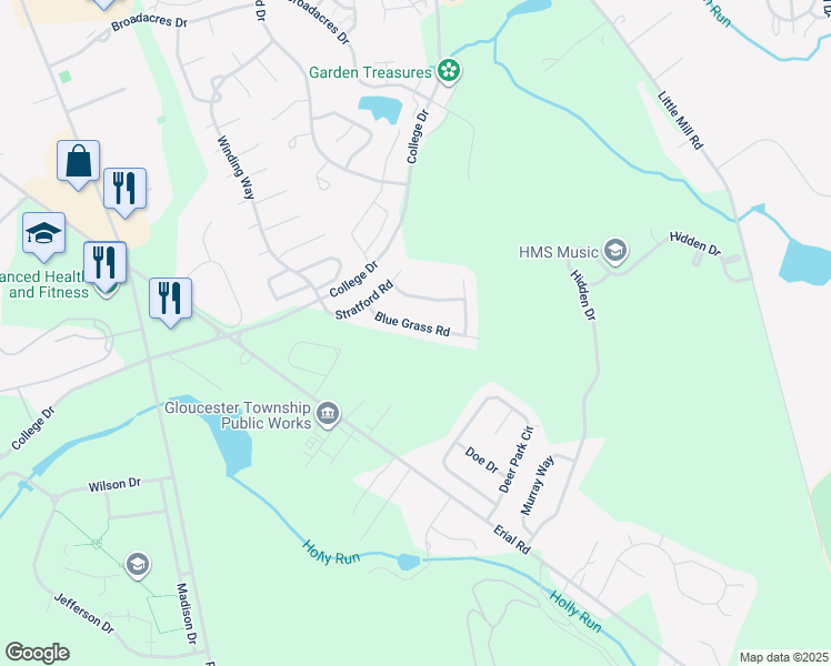 map of restaurants, bars, coffee shops, grocery stores, and more near 15 Blue Grass Road in Clementon