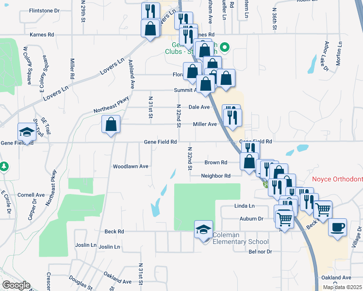 map of restaurants, bars, coffee shops, grocery stores, and more near 3200 Gene Field Road in Saint Joseph