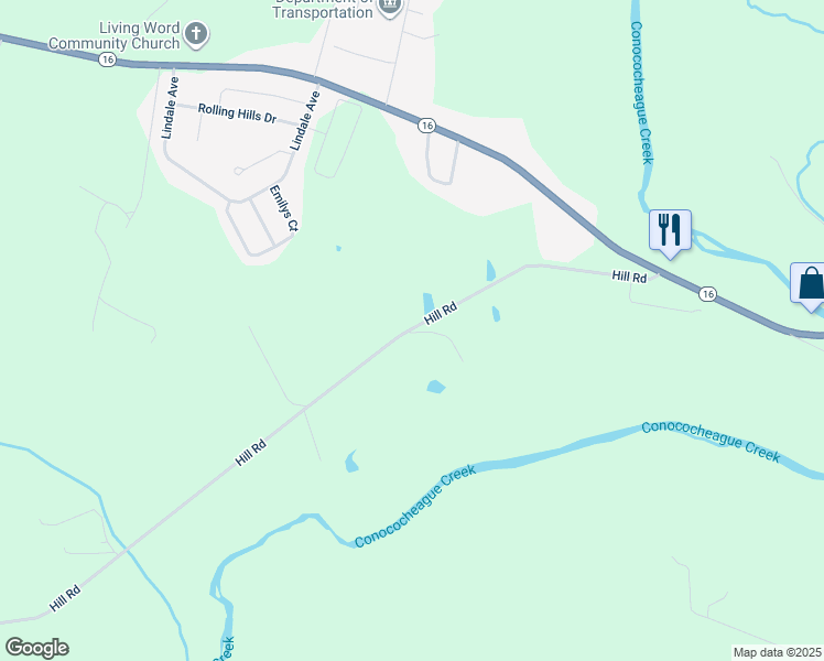 map of restaurants, bars, coffee shops, grocery stores, and more near 3300 Hill Road in Greencastle