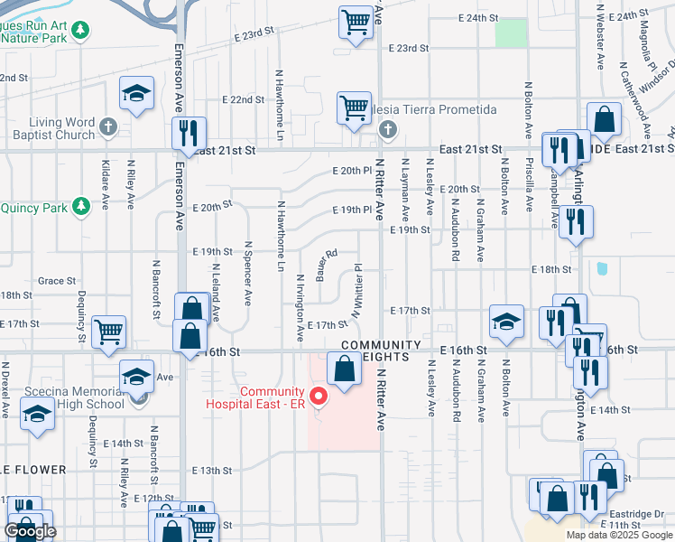 map of restaurants, bars, coffee shops, grocery stores, and more near 5468 East 18th Street in Indianapolis